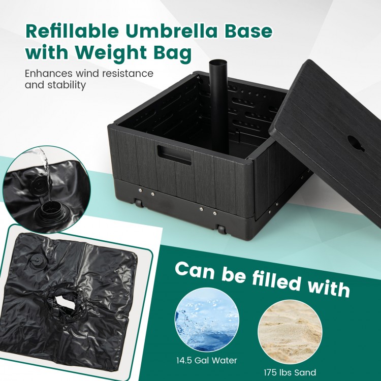 Fillable black umbrella base with table tray, holds 175 lbs, designed for stability with water or sand, ideal for.